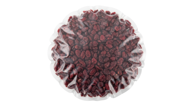 Dried cranberries in vacuum sealed bag isolated PNG, healthy snack on transparent background, sweet and tart fruit for baking and trail mix