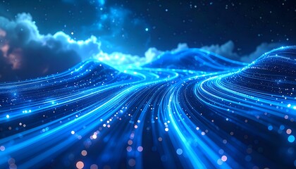 futuristic data network background, glowing fiber optic strands, blue neon light trails, soft blur, abstract representation of cloud computing and AI networks, high-resolution seamless backdrop
