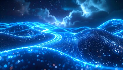futuristic data network background, glowing fiber optic strands, blue neon light trails, soft blur, abstract representation of cloud computing and AI networks, high-resolution seamless backdrop