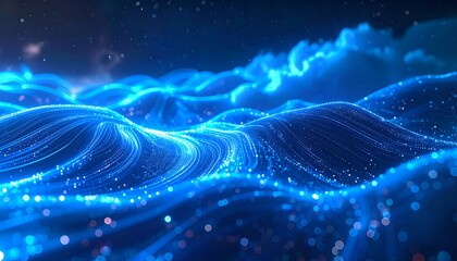 futuristic data network background, glowing fiber optic strands, blue neon light trails, soft blur, abstract representation of cloud computing and AI networks, high-resolution seamless backdrop