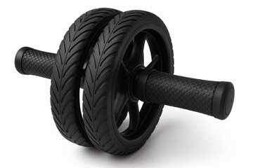 Dual Wheel Ab Roller Close Up on White Background. Ab roller, fitness, core, workout, training, exercise, gym