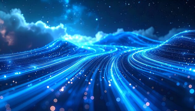 futuristic data network background, glowing fiber optic strands, blue neon light trails, soft blur, abstract representation of cloud computing and AI networks, high-resolution seamless backdrop
