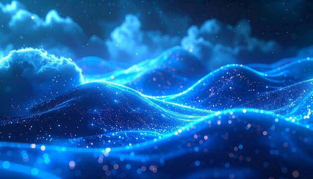 futuristic data network background, glowing fiber optic strands, blue neon light trails, soft blur, abstract representation of cloud computing and AI networks, high-resolution seamless backdrop