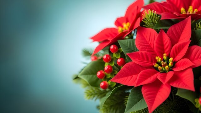 Festive red poinsettia arrangement with berries on a blurred blue background