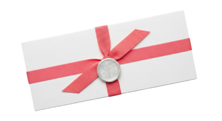 Elegant white gift box with coral ribbon and wax seal isolated PNG, present for special occasion on transparent background