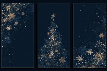 Elegant dark blue vertical banners with shimmering gold and white snowflakes and abstract festive lights