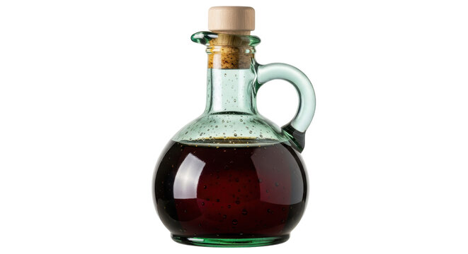 Glass bottle of balsamic vinegar isolated PNG, dark liquid in vintage decanter with cork stopper on transparent background