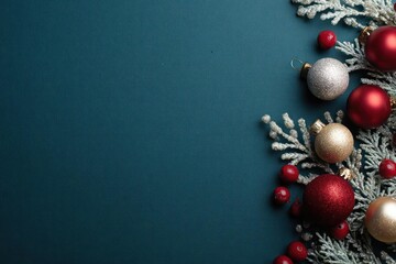 Festive christmas holiday border with red and gold ornaments and frosted evergreen branches on dark teal background
