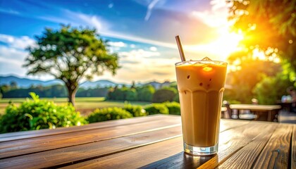 Iced Coffee Refreshment Enjoying a Chilled Drink Outdoors on a Sunny Summer Day