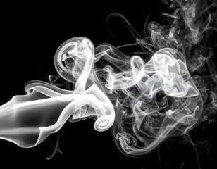 Ethereal plumes of white smoke dance against a stark black backdrop, creating swirls and wisps in a captivating display