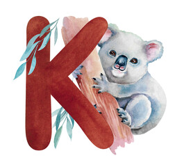 Brown English letter K with a cartoon koala on eucalyptus tree trunk with leaves. Hand-drawn watercolor illustration isolated on white. Pastel clip art for children's games, learning, alphabet design