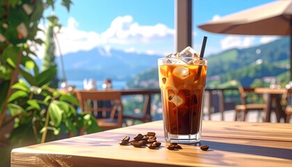 Refreshing Iced Coffee with a View Enjoying a Perfect Summer Day at a Lakeside Cafe