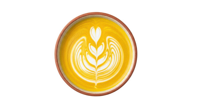 Golden latte art in a ceramic cup isolated PNG, turmeric latte with heart and tulip pattern on transparent background