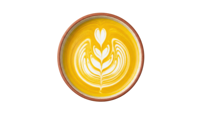Golden latte art in a ceramic cup isolated PNG, turmeric latte with heart and tulip pattern on transparent background