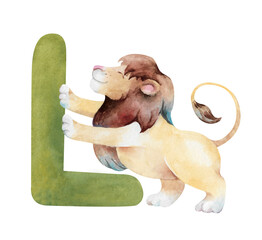 English green letter L and cartoon lion, hand drawn watercolor illustration isolated on white. Funny children's pastel clipart for learning, study, games, alphabet design for toddlers, kids, school