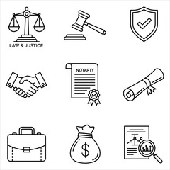 Business and legal documents, justice, finance, security icon set isolated on white background, Vector