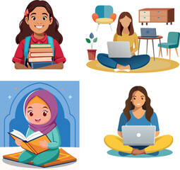 Vsai diverse women and girls learning with books and laptops