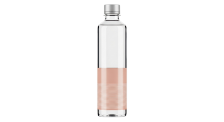 Elegant glass water bottle with pink label isolated PNG, reusable container for hydration and healthy lifestyle on transparent background