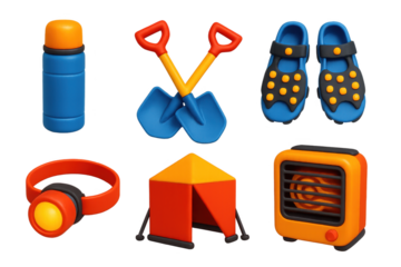 Winter Fishing Icons. 3D icon set of winter fishing accessories: thermos, snow shovels, ice cleats, headlamps, windbreaks,