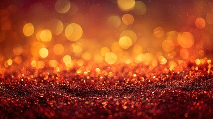 Abstract warm bokeh lights and shimmering glitter creating a magical and festive atmosphere with a fiery glow
