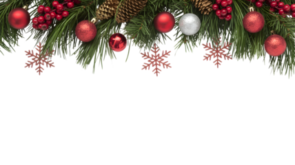 Christmas garland with red ornaments, pinecones, berries, and snowflakes, isolated on white isolated on transparent background