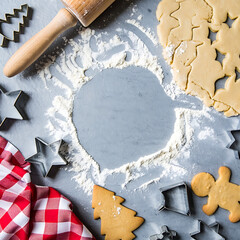 A cozy, Christmas-themed baking scene with cookie cutters, dough, and flour on a rustic surface.