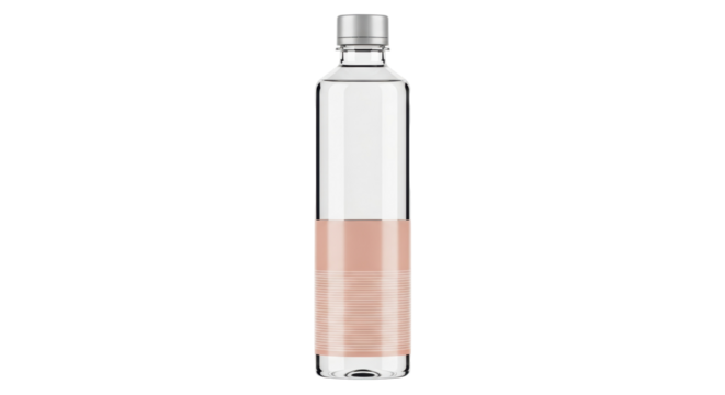 Elegant glass water bottle with pink label isolated PNG, reusable container for hydration and healthy lifestyle on transparent background