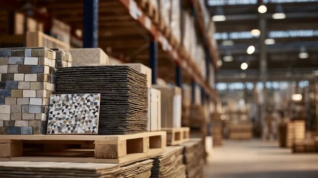Neatly stacked building materials in warehouse, focus on varied textures from smooth tiles to rough bricks, ambient industrial lighting creating depth
