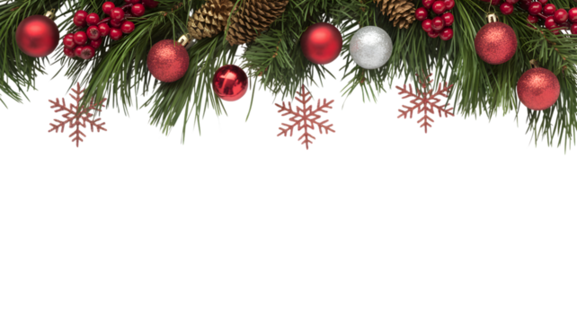 Christmas garland with red ornaments, pinecones, berries, and snowflakes, isolated on white isolated on transparent background