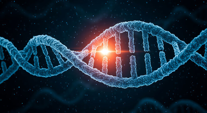 Detailed DNA molecule structure showing genetic code strand with bright light