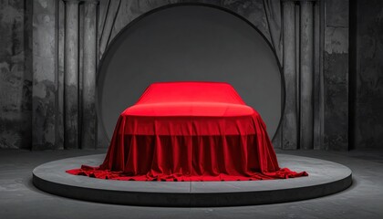 Mysterious new vehicle hidden under a vibrant red cloth, poised for an exciting grand reveal on a dramatic circular stage, building anticipation