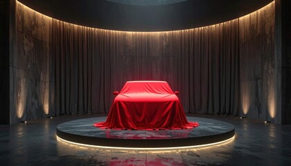 Car Unveiling A Dramatic Reveal on a Stage Under Spotlights, Concealed by a Red Cloth
