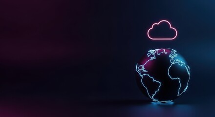 Global communication technology with digital earth and neon cloud icon glowing in vibrant colors. Global imagery showcases connectivity and innovative solutions for modern tech industries.