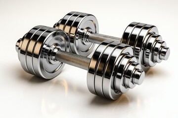 Luxury Chrome Dumbbells Close Up on White Background. Dumbbells, fitness, strength, gym, workout, training, exercise