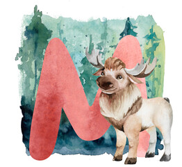 English red letter M and cartoon moose against forest background, hand-drawn watercolor illustration isolated on white. Fun children's clipart for learning and games, alphabet design for toddlers