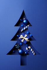 A creative Christmas tree cutout on blue paper, filled with blue ornaments, a gift, and a candy cane.