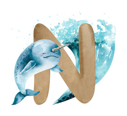 English brown letter N and cartoon narwhal on blue wave background, hand drawn watercolor illustration isolated on white. Fun children's sea clip art for learning and games, alphabet design for kids