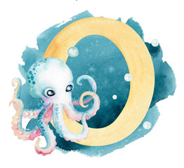 English yellow letter O and cartoon octopus, hand-drawn watercolor illustration isolated on white with blue splashes. Fun children's underwater clipart for learning and games, alphabet design for kids