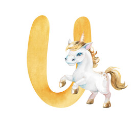 English yellow letter U and cartoon unicorn, hand-drawn watercolor illustration isolated on white. Fun magical children's clipart for learning and games, alphabet design for toddlers. U for unicorn