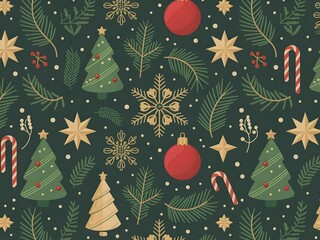 Seamless christmas pattern with festive elements like trees, snowflakes, stars, ornaments, and candy canes on a dark green background