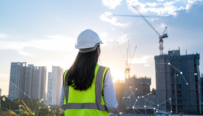 Woman in hard hat and safety vest looking at construction site with cranes and buildings under a sky