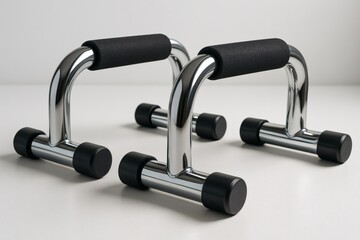 Metallic Push Up Bars Close-Up on White Background. Fitness, workout, exercise, strength, training, gym equipment