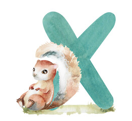 English turquoise letter X and cartoon xerus on green lawn hand-drawn watercolor illustration isolated on white. Funny children's squirrel clip art for learning and games, alphabet design for Kids