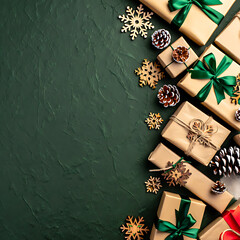 A stylish Christmas vertical border with rustic, eco-friendly gift boxes and pine cones on a dark green background.
