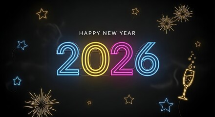 Celebrate 2026 with vibrant neon lights, fireworks, and champagne for a sparkling New Year's Eve, perfect for invitations and festive designs