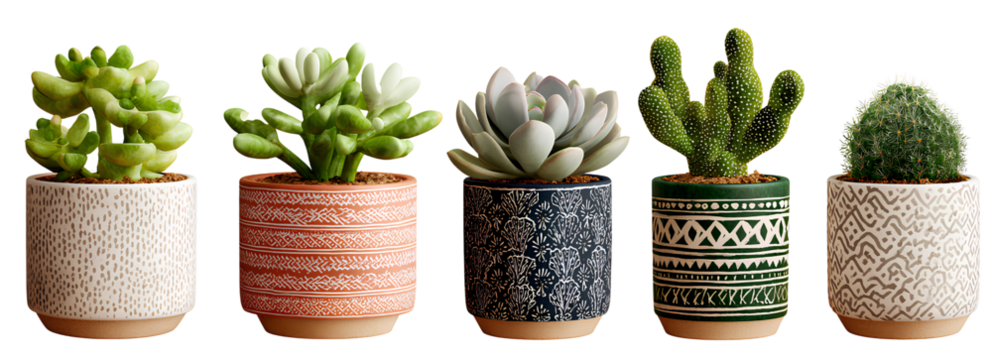 4 potted cacti and succulents in various colors, each with unique patterns or textures on the pots, isolated on a transparent background.