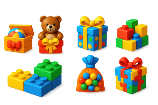 Vibrant Children's Gift Icons. 3D icon set of children’s gifts: toy box, teddy bear gift, colorful wrapping, building blocks,