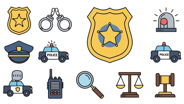 Illustration of law enforcement and judicial elements featuring a police badge, handcuffs, car, and balance, ideal for designs