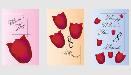 Minimalist set of posters for International Women's Day (March 8). Modern, abstract vector designs with floral elements and congratulatory typography.