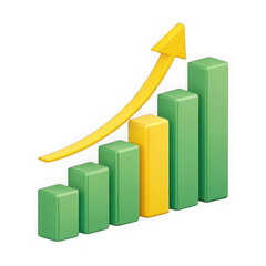 Rising green and yellow bar graph with upward trending yellow arrow isolated on transparent background